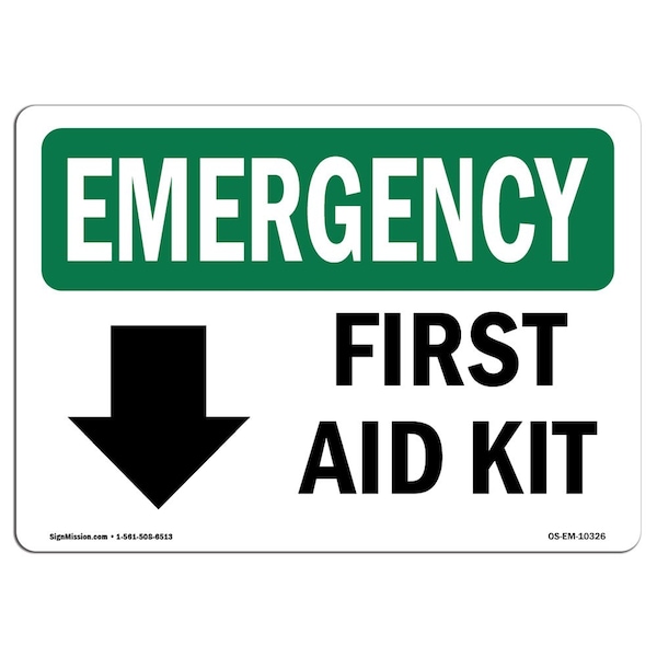 Safety Sign, OSHA EMERGENCY, 7" Height, Aluminum, First Aid Kit, Landscape, OS-EM-L-10326